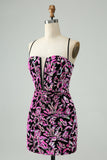 Vestido de cóctel corto con lentejuelas y tirantes finos ajustado fucsia brillante