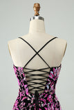 Vestido de cóctel corto con lentejuelas y tirantes finos ajustado fucsia brillante
