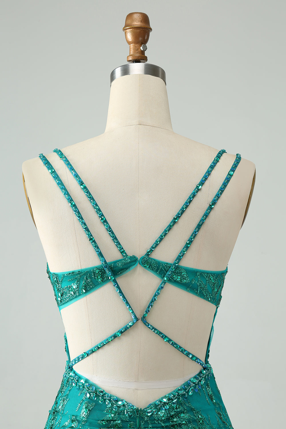 Vestido de cóctel corto con corsé ajustado verde oscuro brillante y lentejuelas