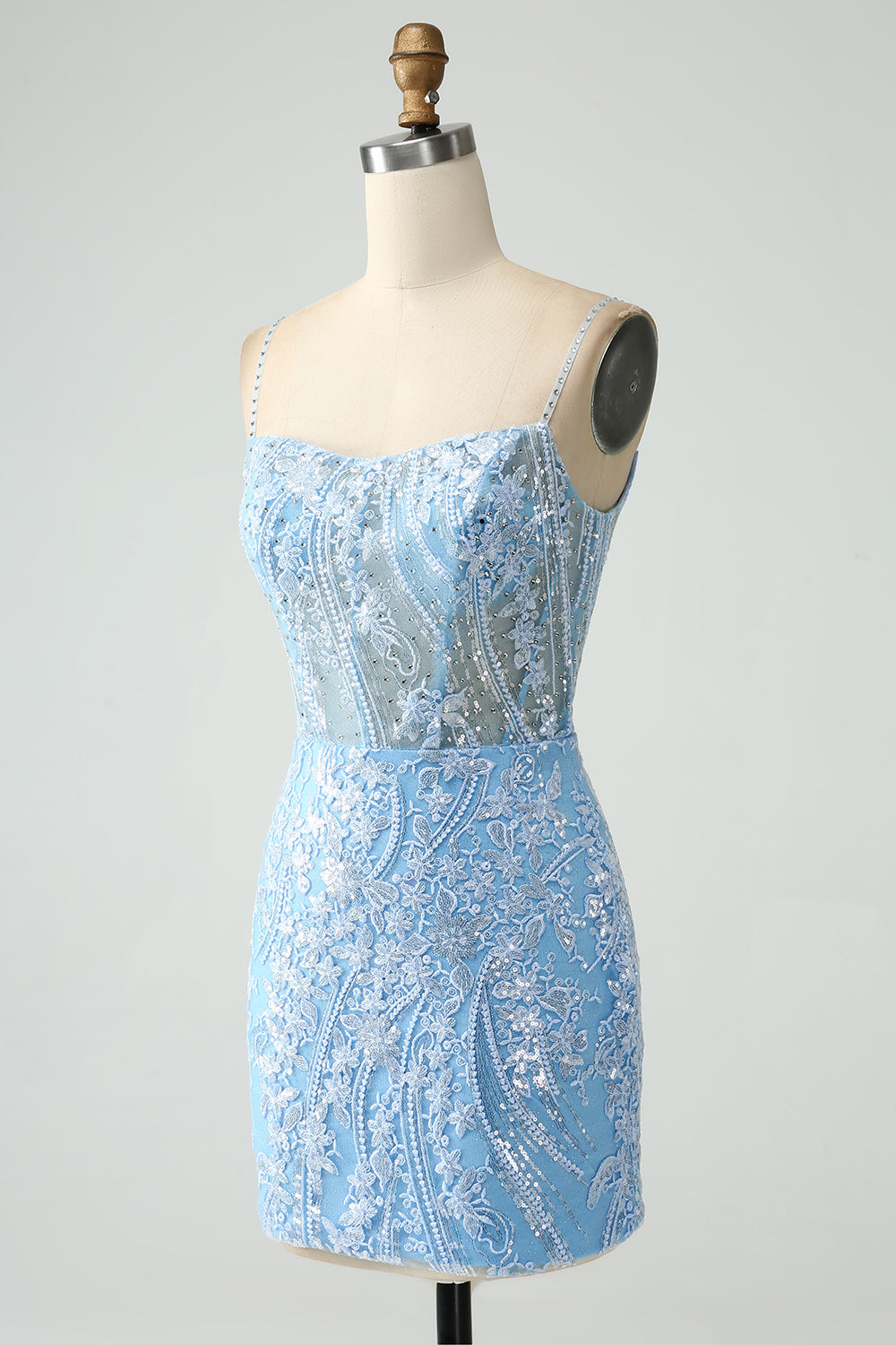 Vestido corto de regreso a casa con tirantes de espagueti azul cielo brillante con cuentas