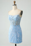 Vestido corto de regreso a casa con tirantes de espagueti azul cielo brillante con cuentas