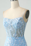 Vestido corto de regreso a casa con tirantes de espagueti azul cielo brillante con cuentas