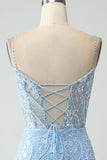 Vestido corto de regreso a casa con tirantes de espagueti azul cielo brillante con cuentas