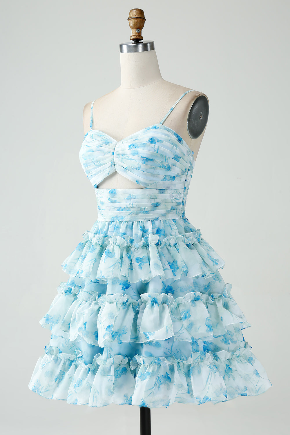 Tirantes de espagueti de línea A Vestido corto de regreso a casa floral azul escalonado