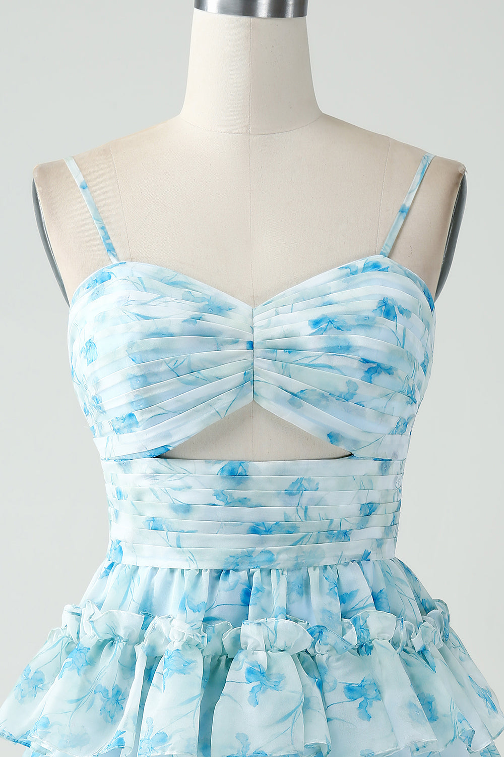 Tirantes de espagueti de línea A Vestido corto de regreso a casa floral azul escalonado