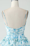 Tirantes de espagueti de línea A Vestido corto de regreso a casa floral azul escalonado