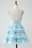 Tirantes de espagueti de línea A Vestido corto de regreso a casa floral azul escalonado