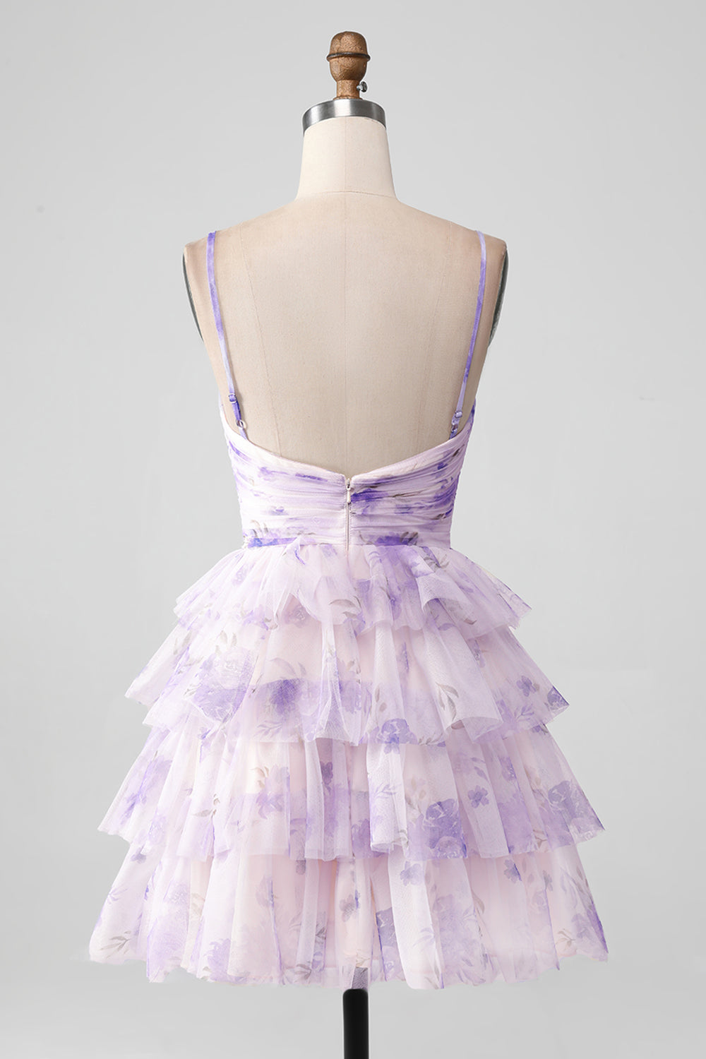 Flor De Lavanda Una Línea De Tirantes De Espagueti Escalonado Plisado Vestido Corto De Regreso A Casa