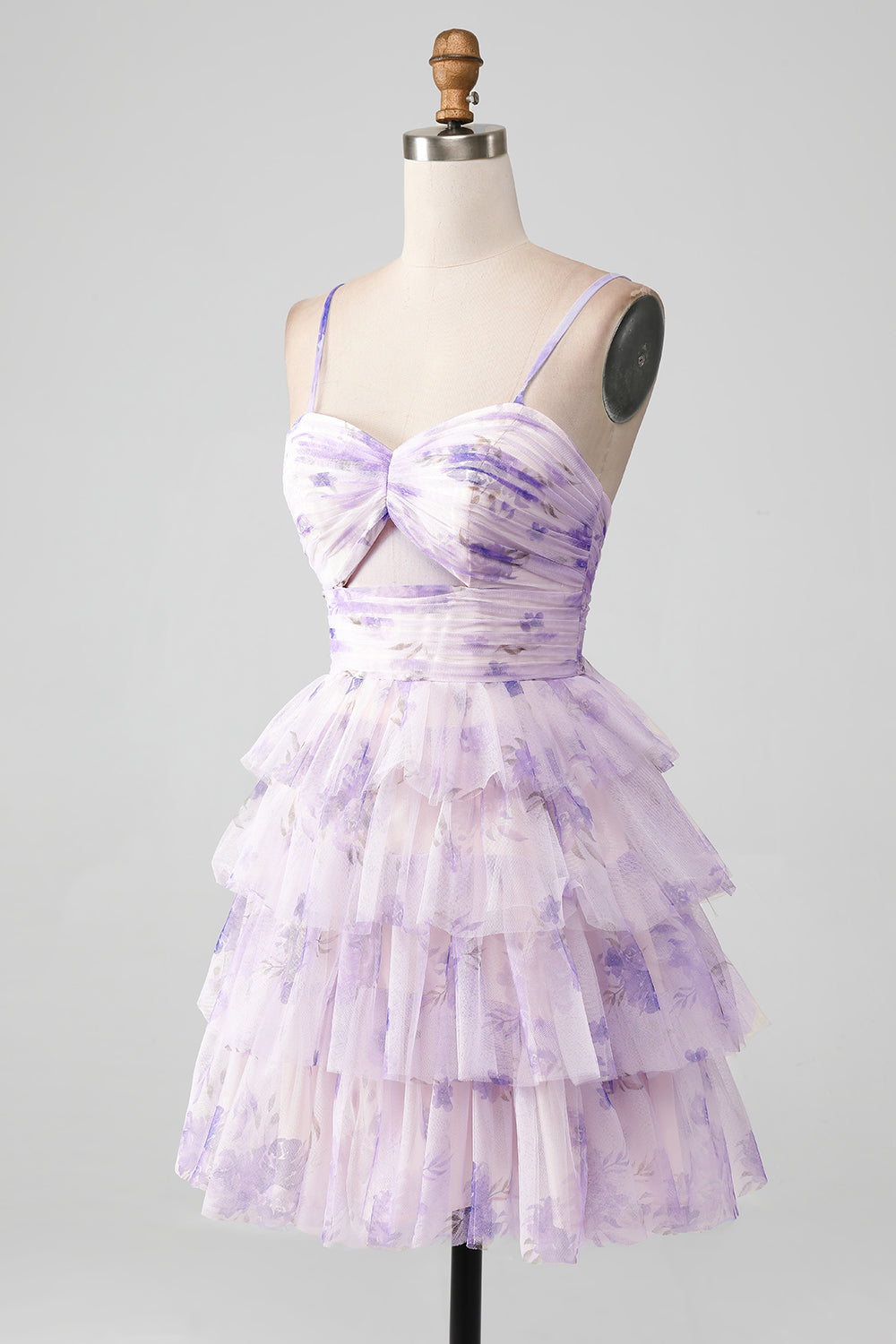 Flor De Lavanda Una Línea De Tirantes De Espagueti Escalonado Plisado Vestido Corto De Regreso A Casa