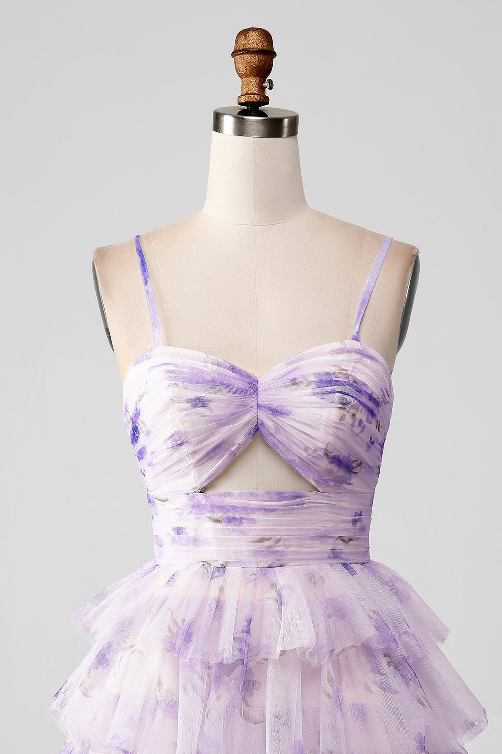 Flor De Lavanda Una Línea De Tirantes De Espagueti Escalonado Plisado Vestido Corto De Regreso A Casa