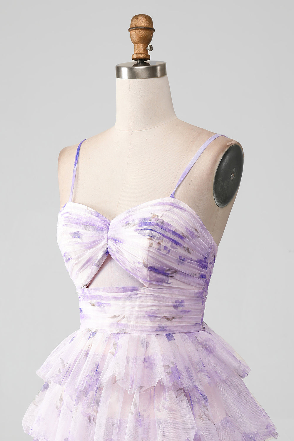 Flor De Lavanda Una Línea De Tirantes De Espagueti Escalonado Plisado Vestido Corto De Regreso A Casa