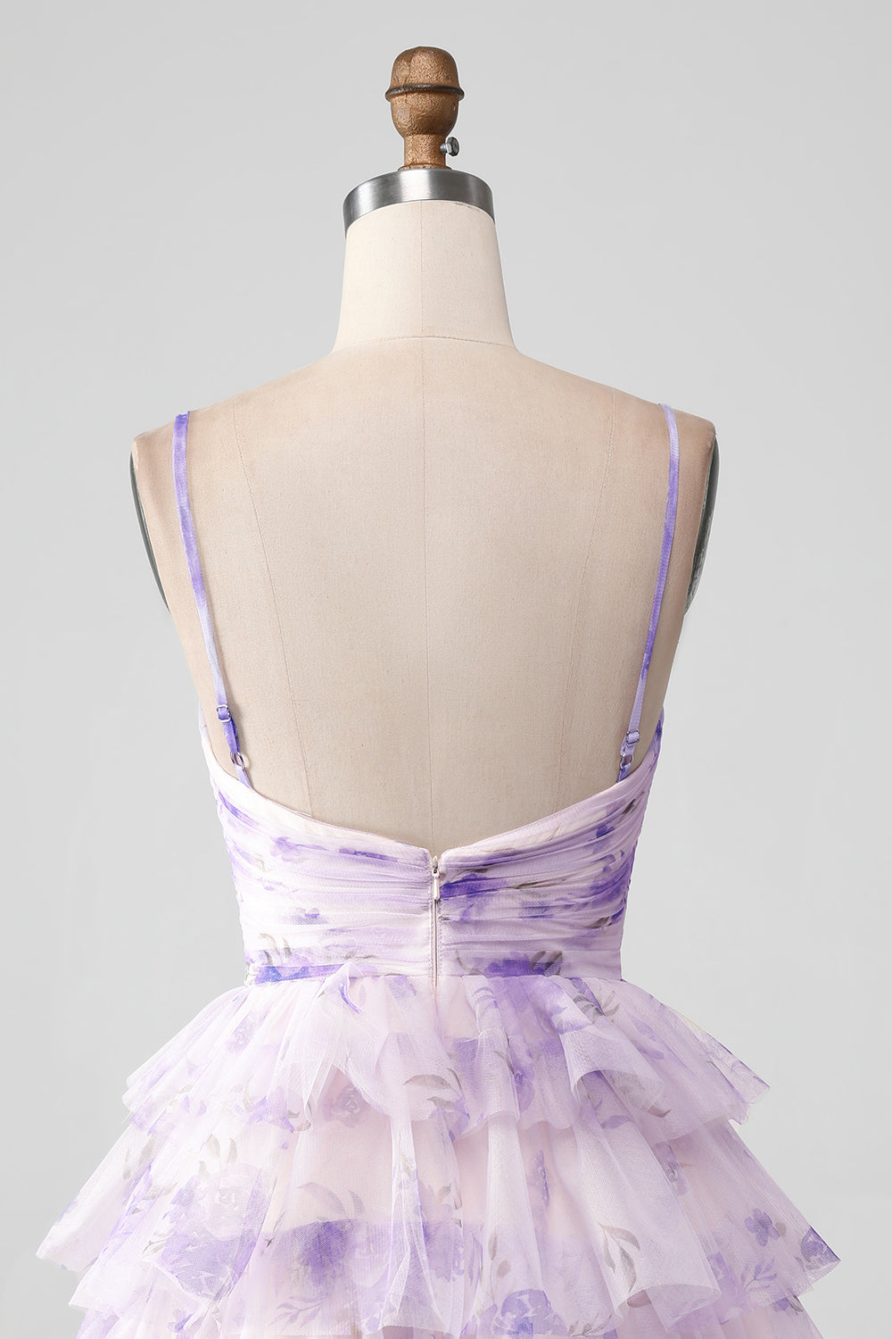 Flor De Lavanda Una Línea De Tirantes De Espagueti Escalonado Plisado Vestido Corto De Regreso A Casa