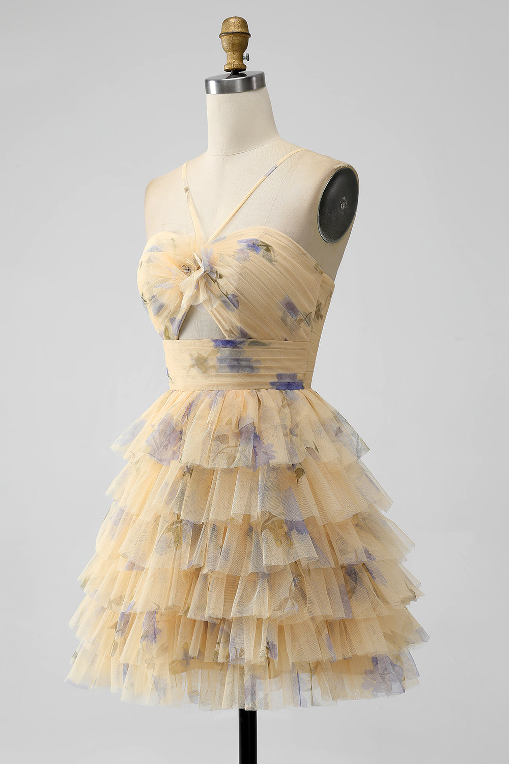 Vestido de regreso a casa corto de tul corto halter de línea amarilla