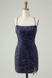 Vestido de cóctel corto ajustado con lentejuelas azul marino brillante y flecos
