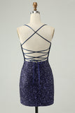 Vestido de cóctel corto ajustado con lentejuelas azul marino brillante y flecos