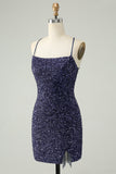 Vestido de cóctel corto ajustado con lentejuelas azul marino brillante y flecos