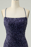 Vestido de cóctel corto ajustado con lentejuelas azul marino brillante y flecos