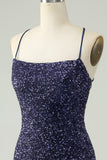 Vestido de cóctel corto ajustado con lentejuelas azul marino brillante y flecos