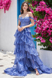 Línea A Fuera del Hombro Azul Vestido de Fiesta Con Apliques