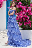 Línea A Fuera del Hombro Azul Oscuro Vestido de Graduación Con Apliques