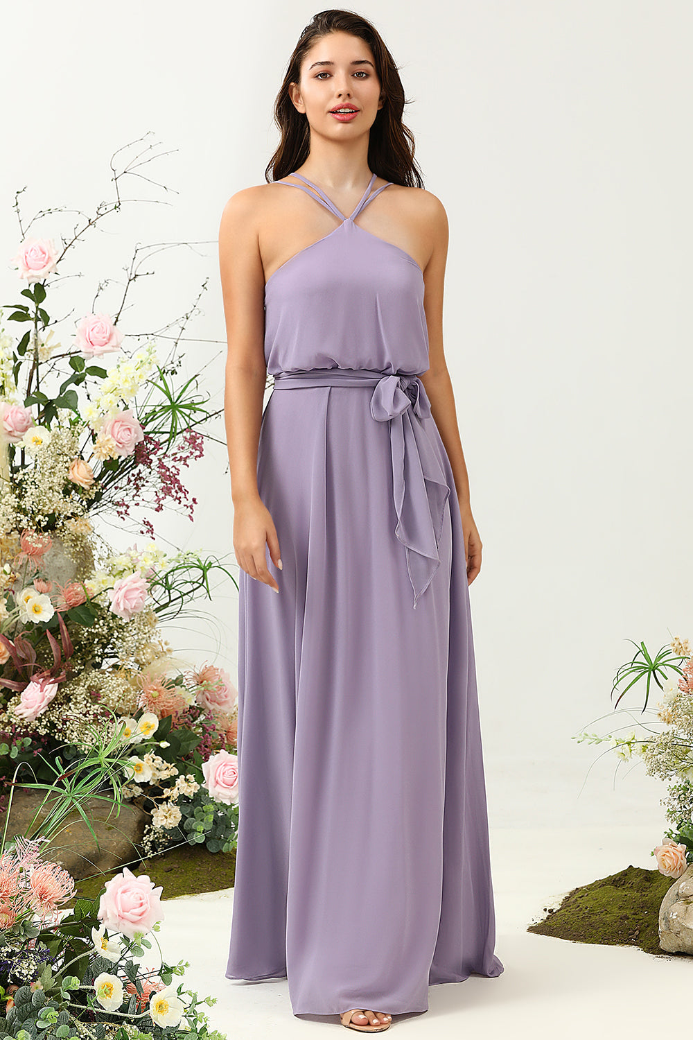 A Línea Halter Vestido de Dama de Honor Púrpura