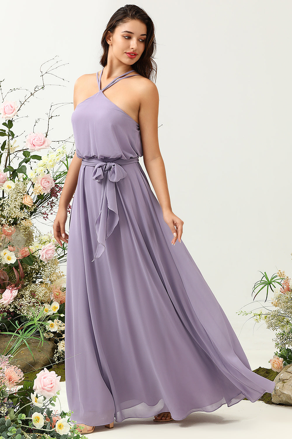 A Línea Halter Vestido de Dama de Honor Púrpura