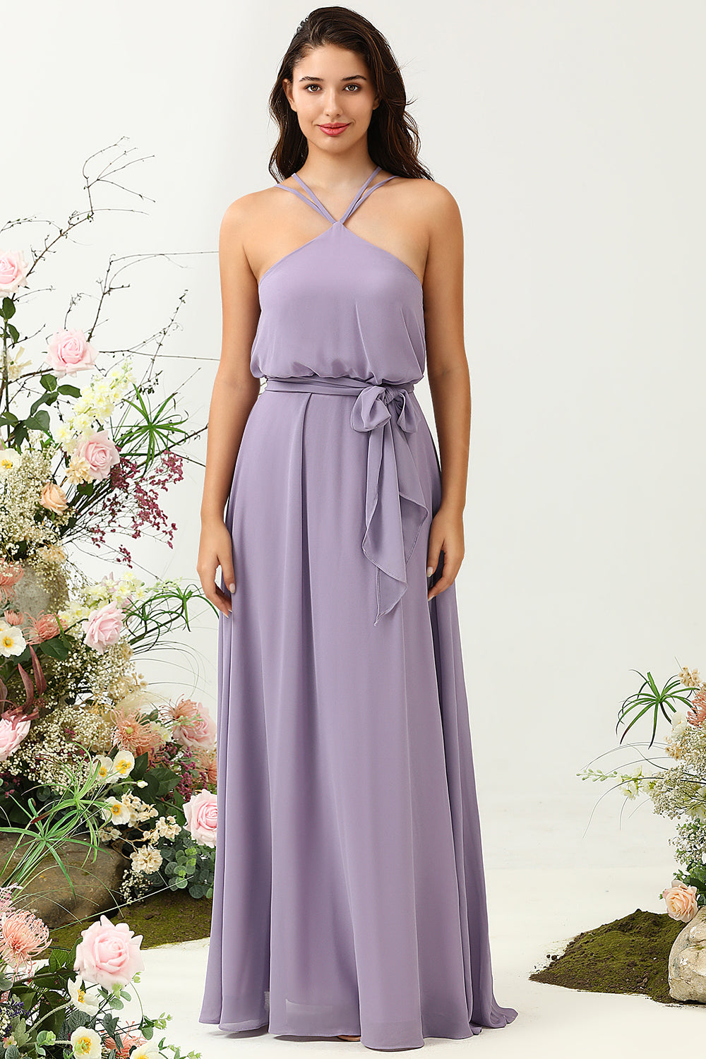 A Línea Halter Vestido de Dama de Honor Púrpura