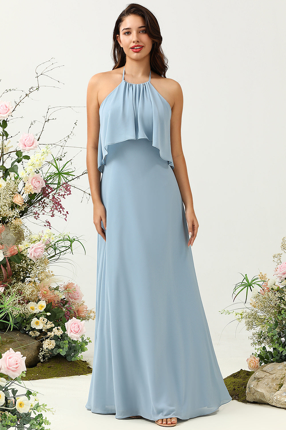 A Línea Halter Azul Vestido de Dama de Honor