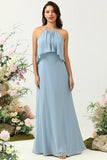 A Línea Halter Azul Vestido de Dama de Honor