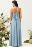 A Línea Halter Azul Vestido de Dama de Honor