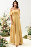A Línea Amarillo Fuera del Hombro Vestido de Dama de Honor