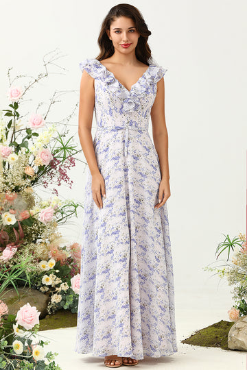 Púrpura Flor Boho Chiffon Vestido de Dama de Honor