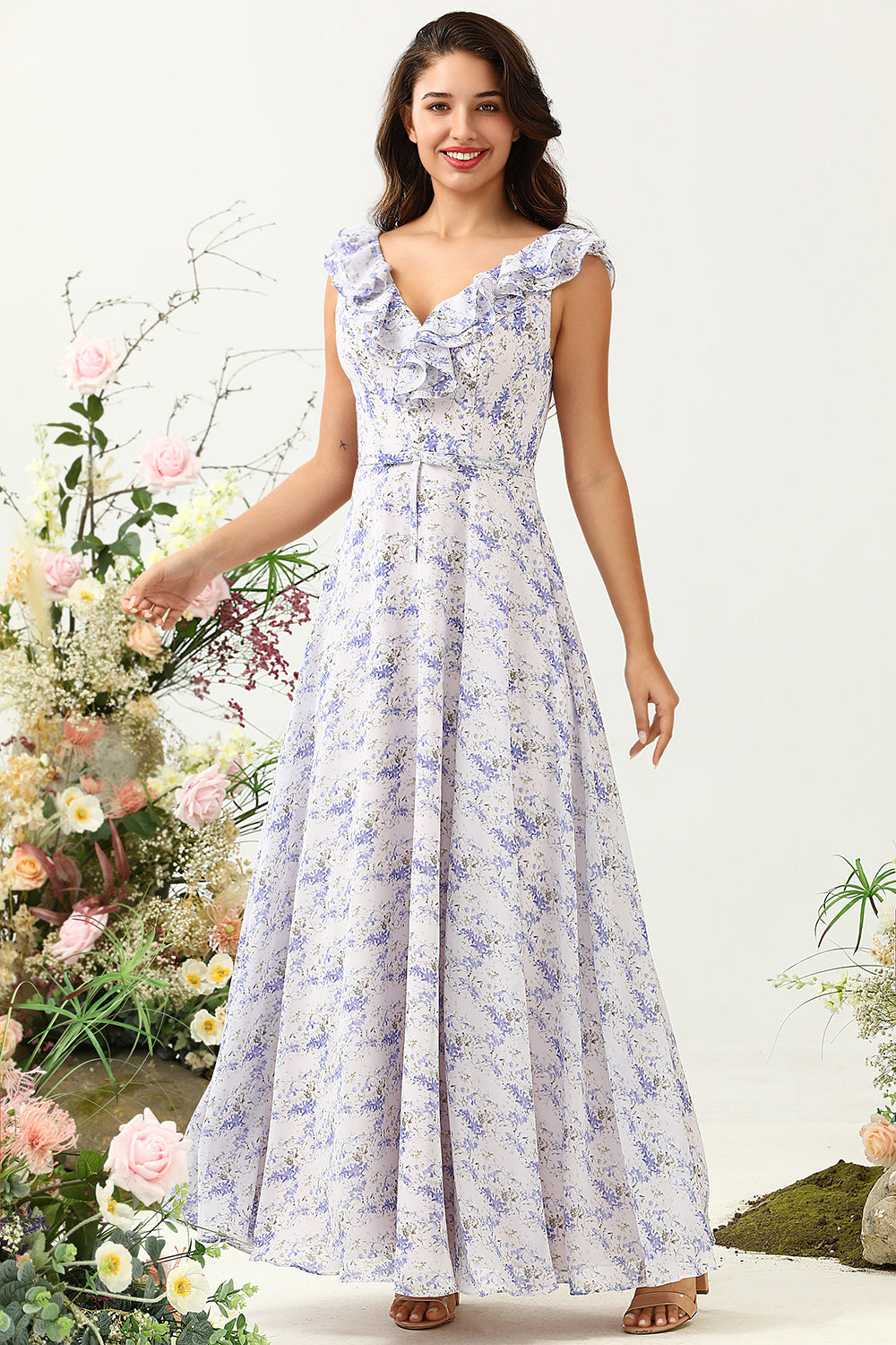 Púrpura Flor Boho Chiffon Vestido de Dama de Honor