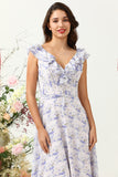Púrpura Flor Boho Chiffon Vestido de Dama de Honor