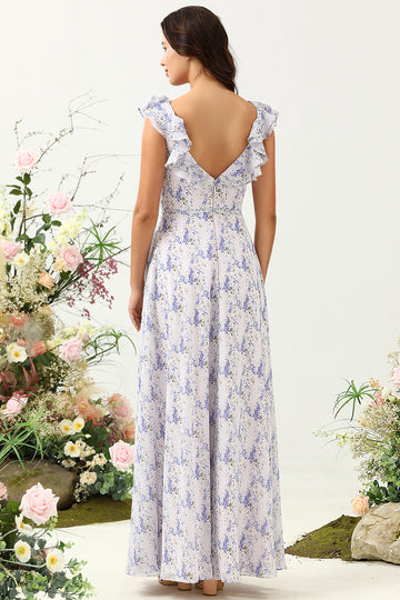 Púrpura Flor Boho Chiffon Vestido de Dama de Honor