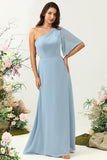 Gris Azul Um Hombro Chiffon Boho Vestido de Dama de Honor