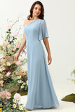 Gris Azul Um Hombro Chiffon Boho Vestido de Dama de Honor