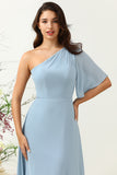 Gris Azul Um Hombro Chiffon Boho Vestido de Dama de Honor