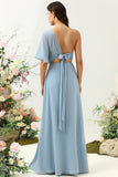 Gris Azul Um Hombro Chiffon Boho Vestido de Dama de Honor