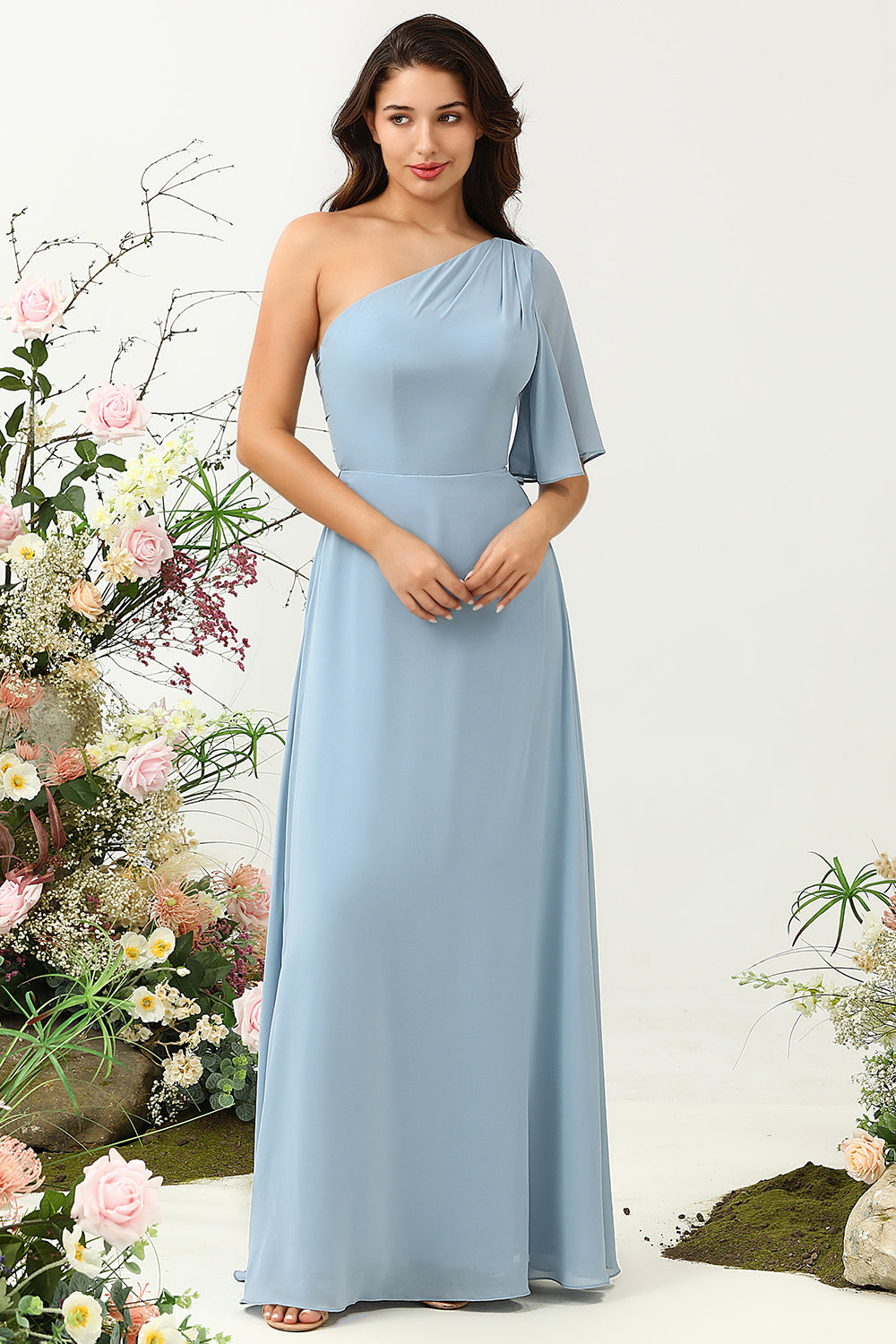 Gris Azul Um Hombro Chiffon Boho Vestido de Dama de Honor