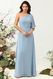 Gris Azul Um Hombro Chiffon Boho Vestido de Dama de Honor