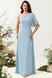 Gris Azul Um Hombro Chiffon Boho Vestido de Dama de Honor