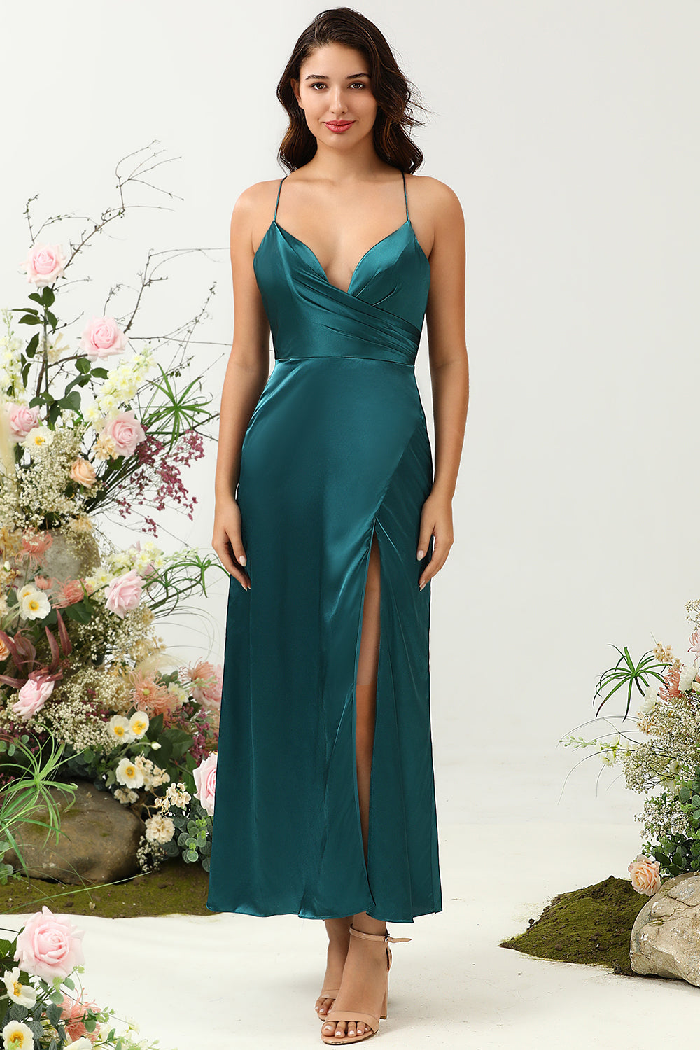 A Línea Correas de Espagueti Verde Oscuro Vestido Dama de Honor