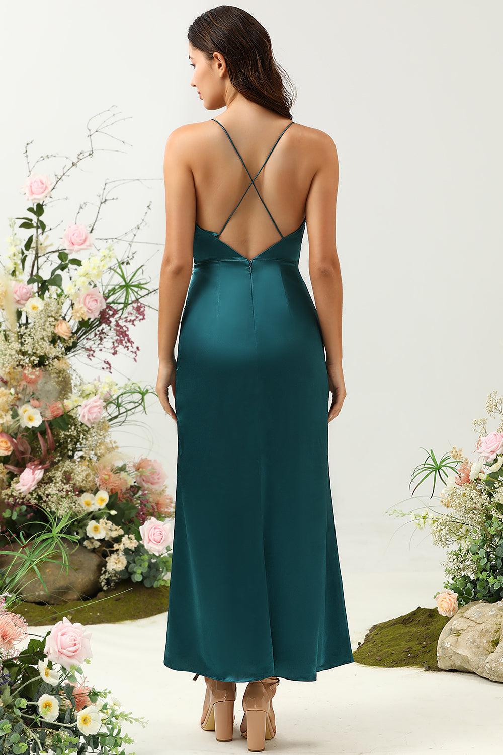 A Línea Correas de Espagueti Verde Oscuro Vestido Dama de Honor