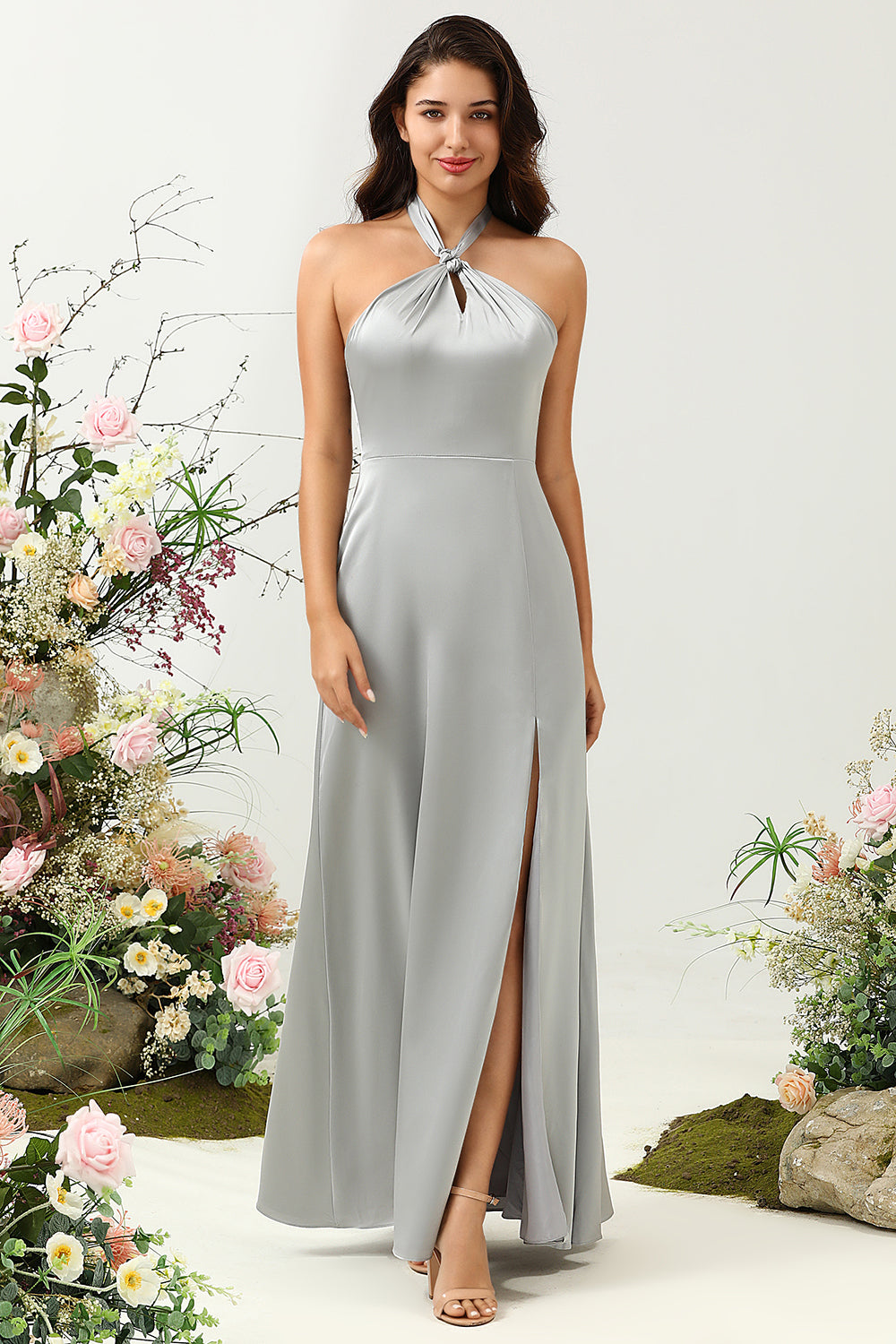 Gris Halter Vestido de Dama de Honor