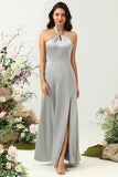 Gris Halter Vestido de Dama de Honor