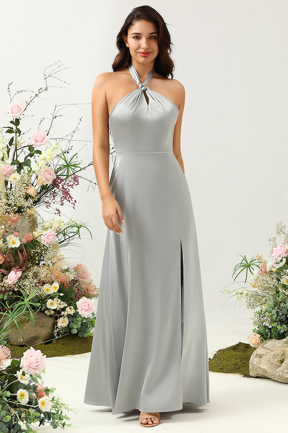 Gris Halter Vestido de Dama de Honor