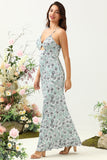 Vestido de Dama de Honor Floral Sirena Verde Gris