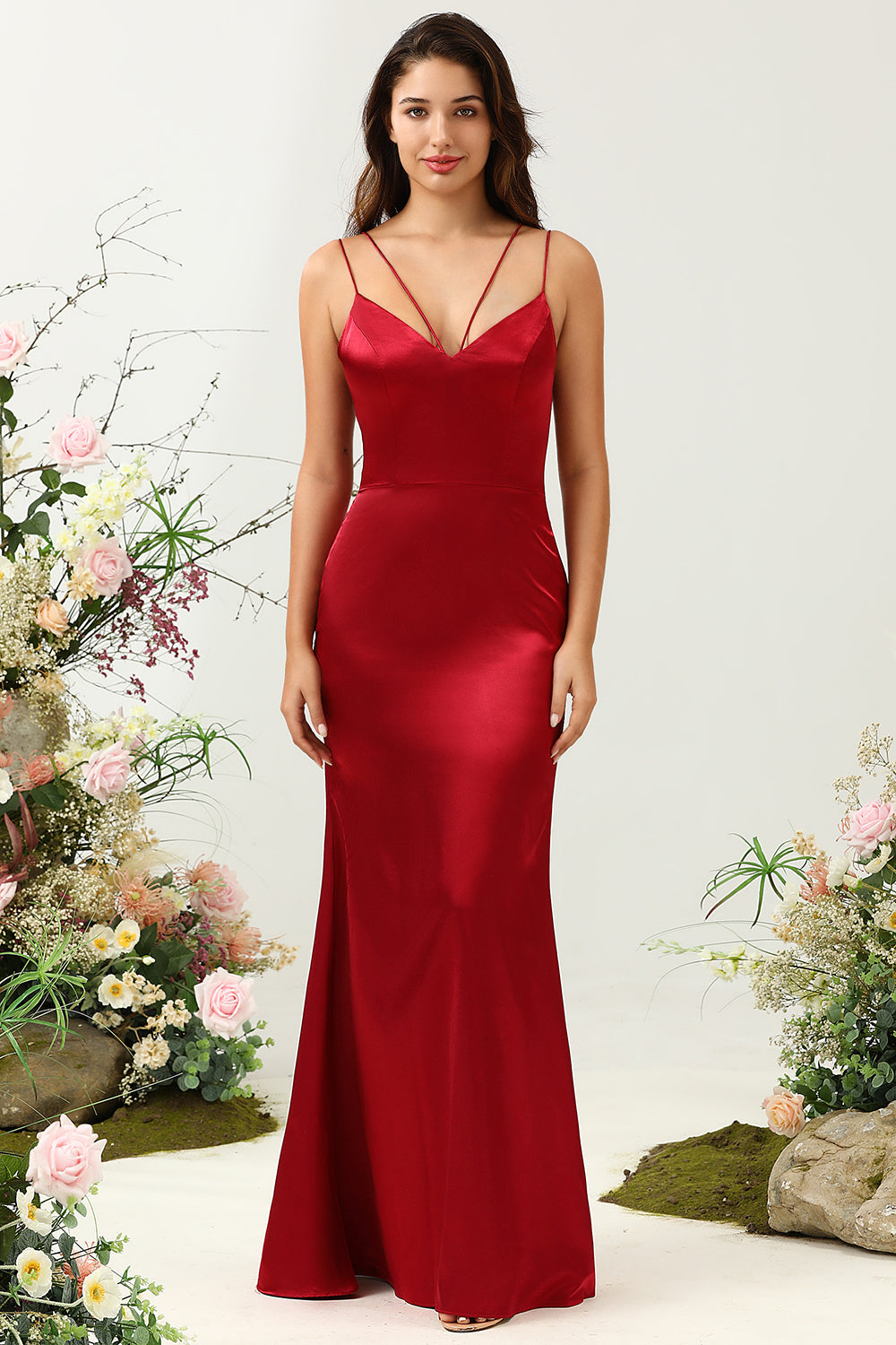 Sirena Tirantes de Espagueti Burdeo Vestido de Dama de Honor