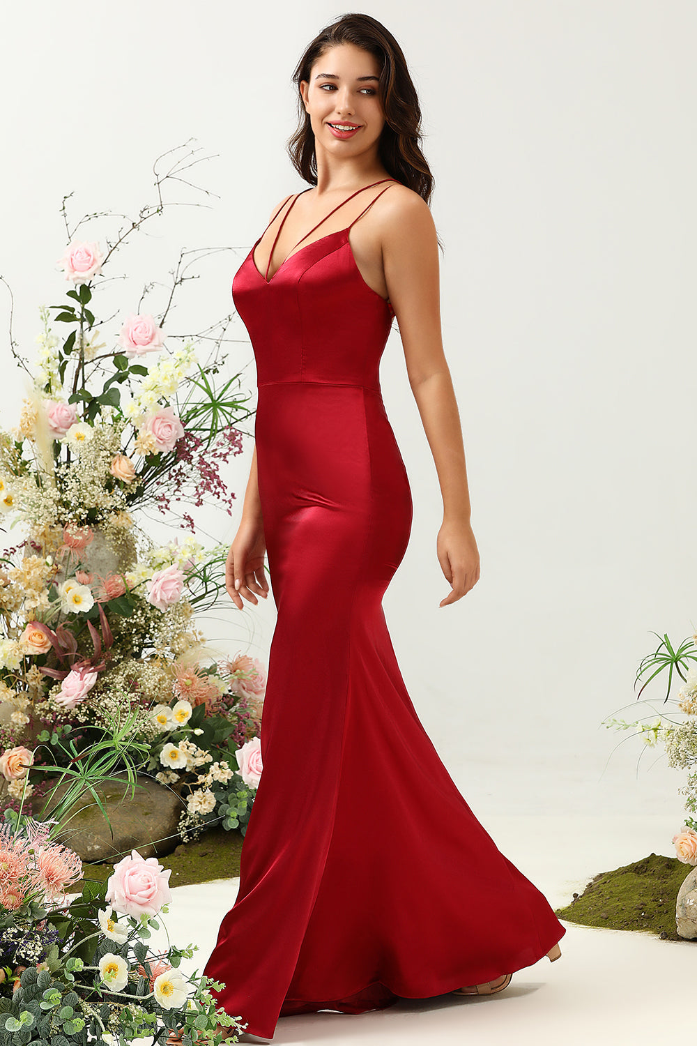 Sirena Tirantes de Espagueti Burdeo Vestido de Dama de Honor